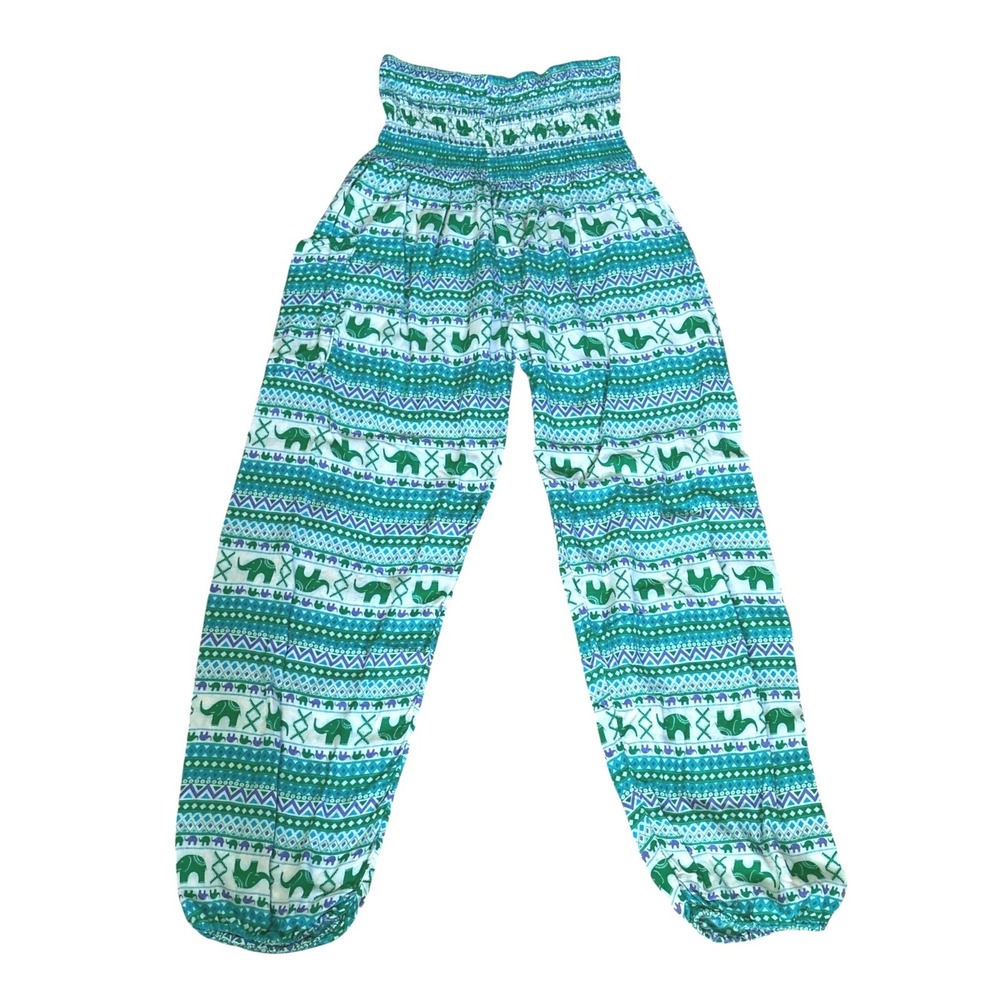 Blue & Green Elephant Print Harem Pants, Smocked Waist, Jogger Bottom, One Size